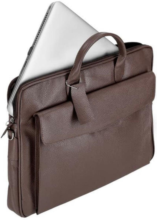 Brown leather briefcase with a laptop inside on a white background