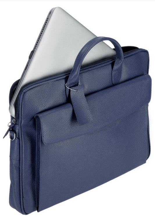 Blue laptop bag with a handle holding a silver laptop on a white background