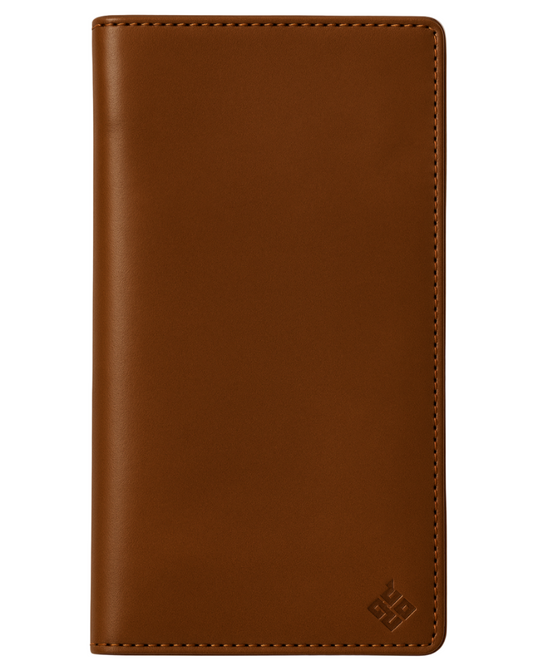 Brown leather wallet on a light beige background
