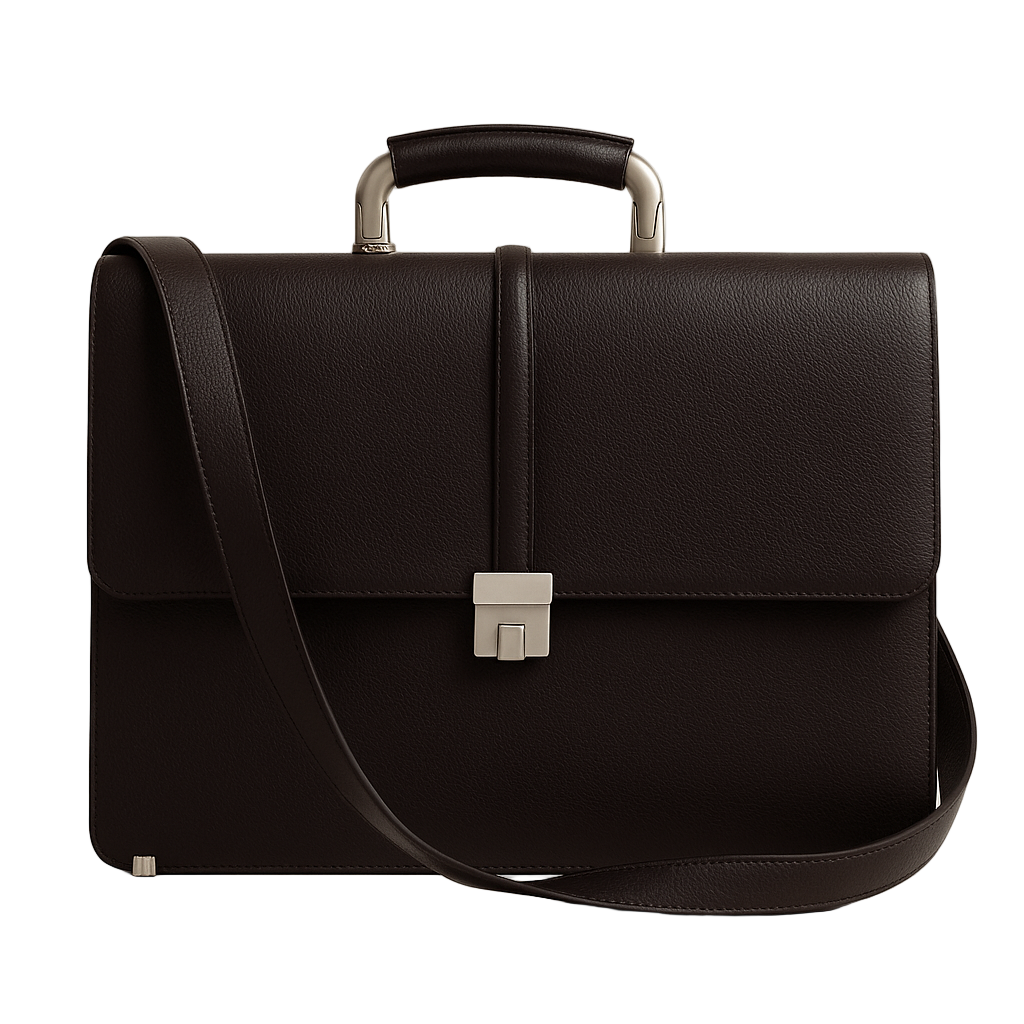 Black leather briefcase with a shoulder strap on a beige background
