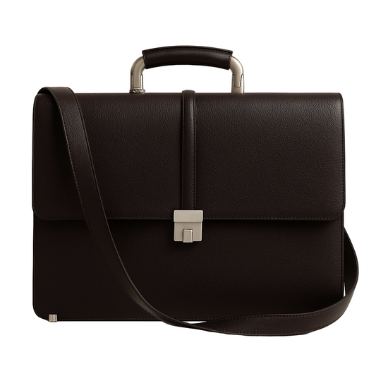 Black leather briefcase with a shoulder strap on a beige background