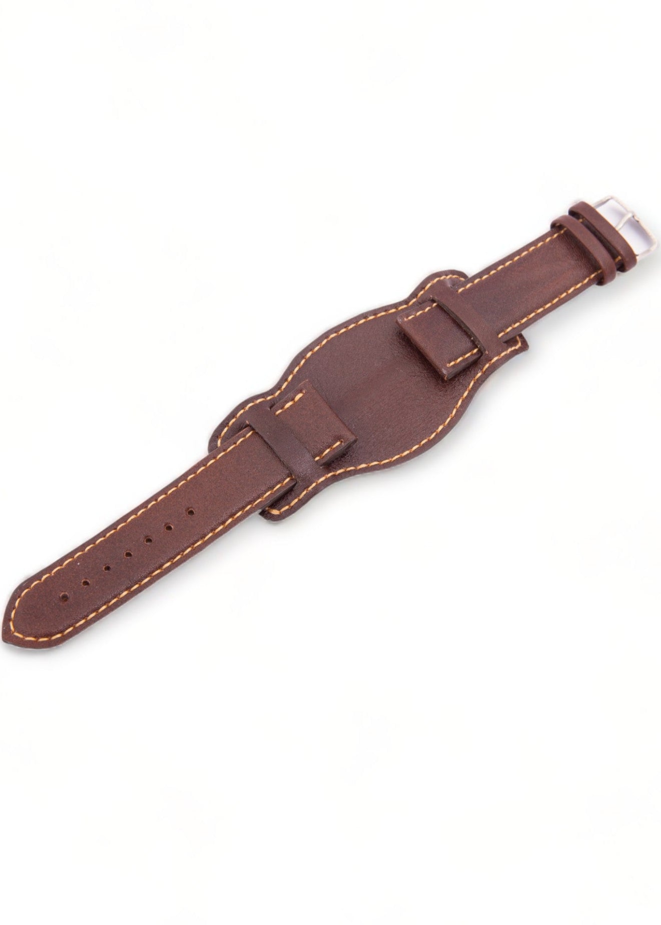 Brown leather watch strap on a white background