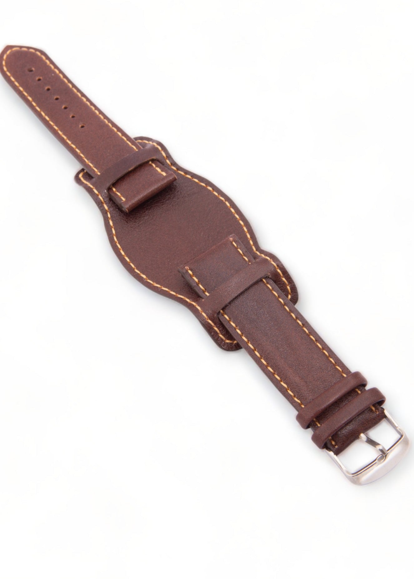 Brown leather watch strap on a white background