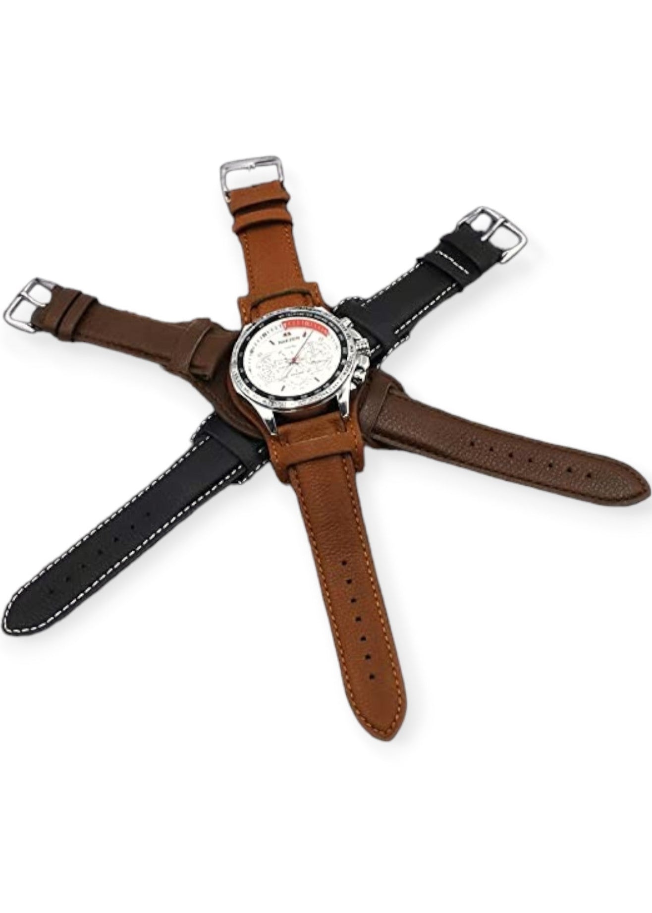 Wristwatch with four different leather straps on a white background