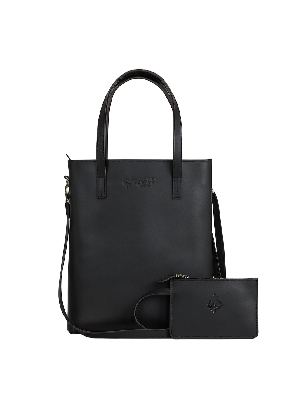 Black leather tote bag with matching pouch on a white background