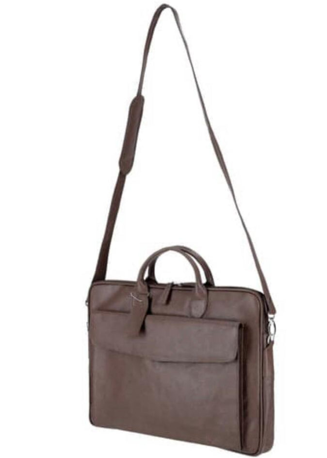 Brown leather briefcase with a shoulder strap on a white background