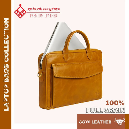 Brown leather laptop bag with a visible brand logo on a white background
