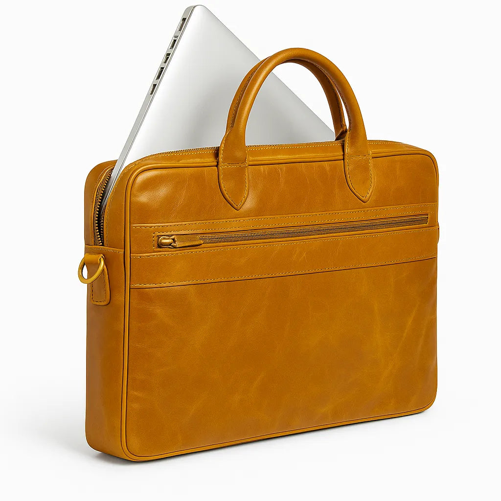 Brown leather briefcase with a laptop peeking out on a white background