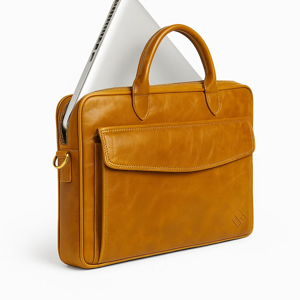 Brown leather briefcase with a laptop peeking out on a white background
