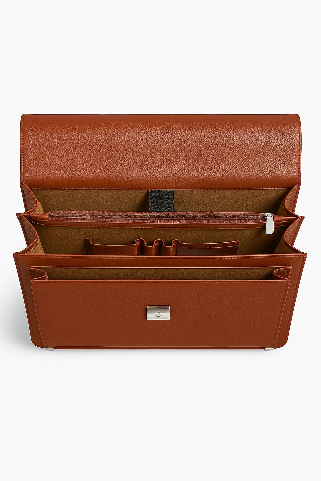 Brown leather clutch bag with a visible brand logo on a white background