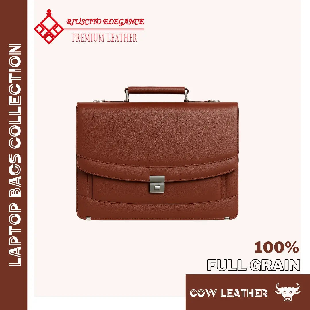 Brown leather laptop bag with 'Riviscuto Elegance' branding on a white background