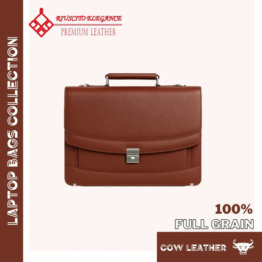 Brown leather laptop bag with 'Riviscuto Elegance' branding on a white background