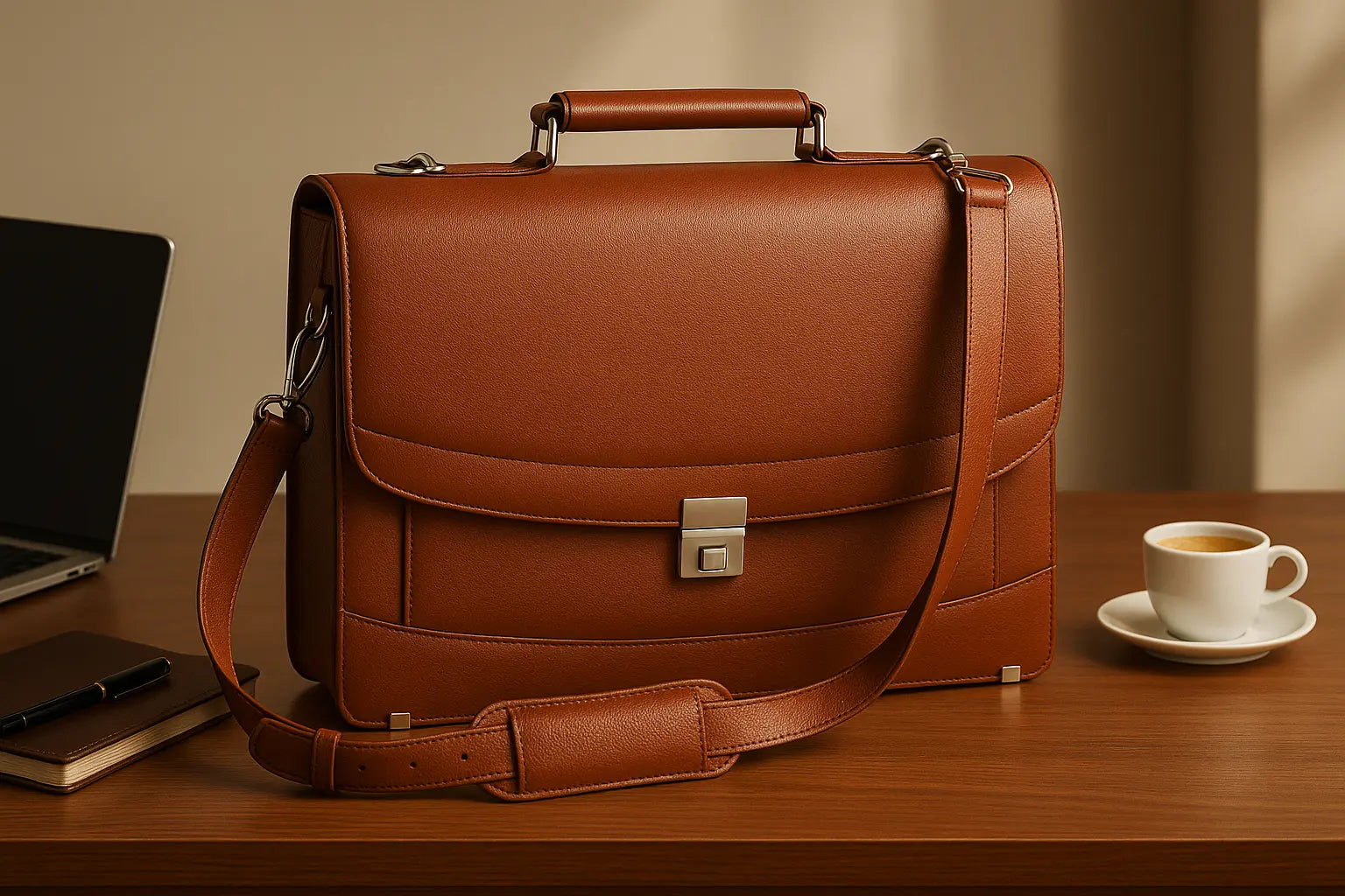 Brown leather briefcase on a wooden desk with a laptop and coffee cup in the background.