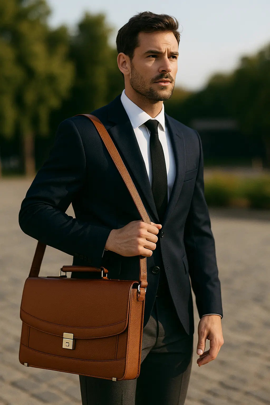Man in a suit holding a brown leather briefcase with a blurred outdoor background