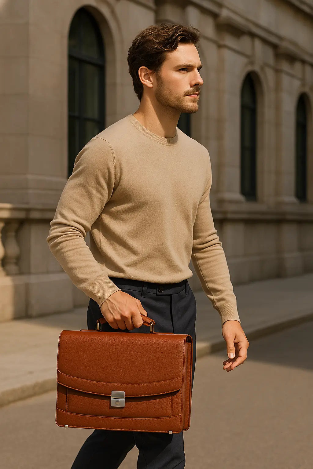 Man holding a brown leather briefcase in front of a building