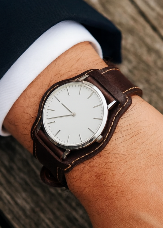 Brown leather wristwatch on a wrist with a blurred wooden background