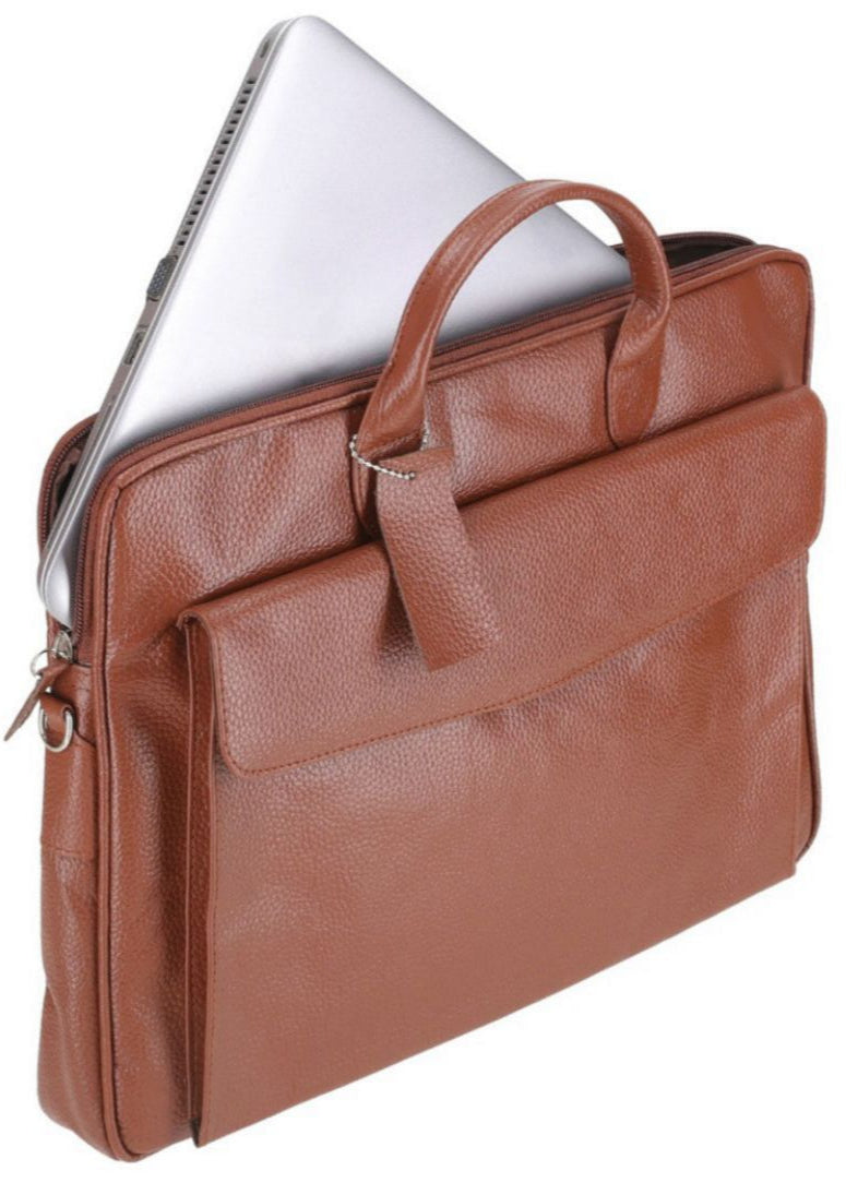 Brown leather briefcase with a laptop inside on a white background