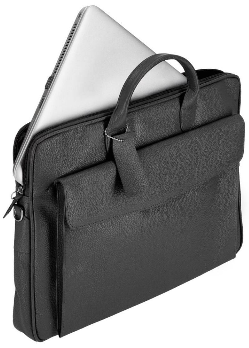 Black laptop bag with a silver laptop inside on a white background